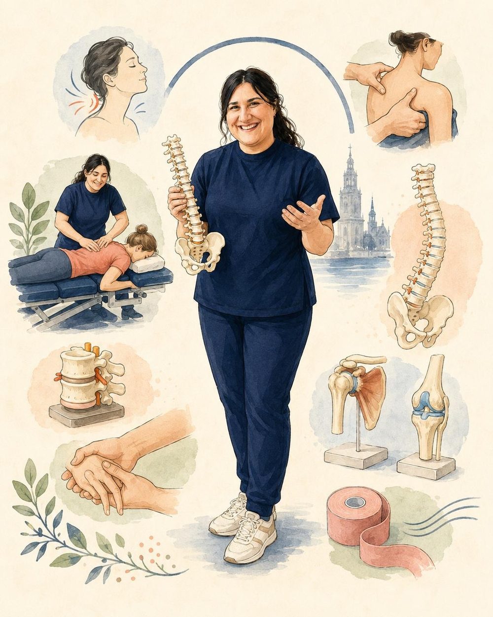 Illustration: Dr. Nika Heidari mit Wirbelsäulenmodell, umgeben von Behandlungsszenen, Anatomie-Modellen und Hamburger Skyline